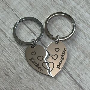 NEW Father Daughter Silver Matching Set Heart Keychain Charm
